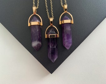 Amethyst Gold Crystal Pillar Point Necklace Purple Natural Healing Gemstone Semi Precious Boho Jewellery Spirituality Gift Her Him