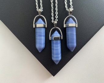 Blue Lace Agate Crystal Point Jewellery Necklace Pillar Natural Gemstone Onyx Jewelry Precious Reiki Healing Silver Plated Pendant Gift Boho