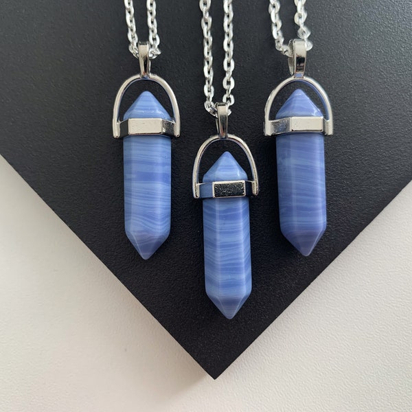 Blue Lace Agate Crystal Point Jewellery Necklace Pillar Natural Gemstone Onyx Jewelry Precious Reiki Healing Silver Plated Pendant Gift Boho