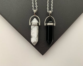 SET OF 2 - Howlite & Black Obsidian Crystal Point Necklace Healing Boho Charm Jewellery Gift Birthday Natural White Marble Pillar Gemstone