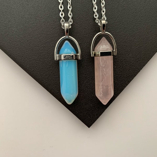 SET OF 2 - Rose Quartz & Opalite Crystal Point Necklace Healing Boho Charm Jewellery Cute Gift Birthday Natural Pillar Gemstone Silver