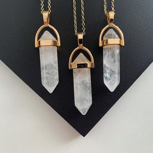 Clear Quartz Gold Crystal Pillar Point Necklace Natural Healing Gemstone Semi Precious Boho Jewellery Spirituality Gift for Her Him