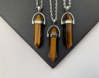 Tiger’s Eye Crystal Point Jewellery Necklace Pillar Gemstone Jewelry Natural Precious Healing Silver Plated Pendant Cute Gift Boho Charm