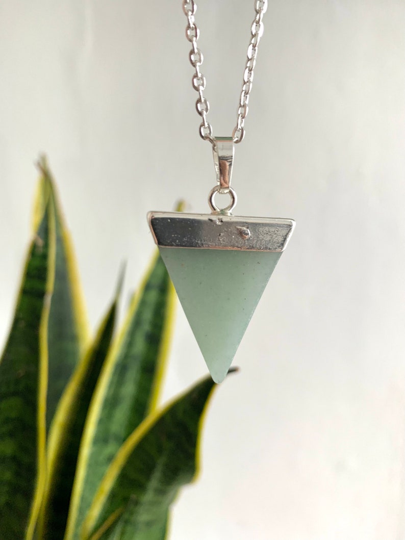 Green Aventurine Crystal Triangle Jewellery Necklace Pillar Natural Gemstone Jewelry Precious Healing Silver Plated Pendant Gift Boho Charm image 1