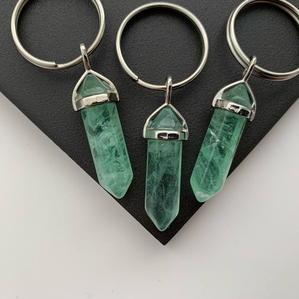 Green Fluorite Crystal Point Keyring Pillar Point Natural Gemstone Keychain Hexagon Healing Accessory Cute Gift Boho Charm Present