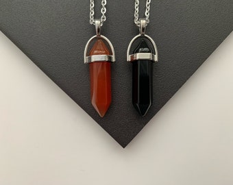 SET OF 2 - Carnelian & Black Obsidian Crystal Point Necklace Healing Boho Charm Jewellery Gift Birthday Natural Red Pillar Gemstone Silver