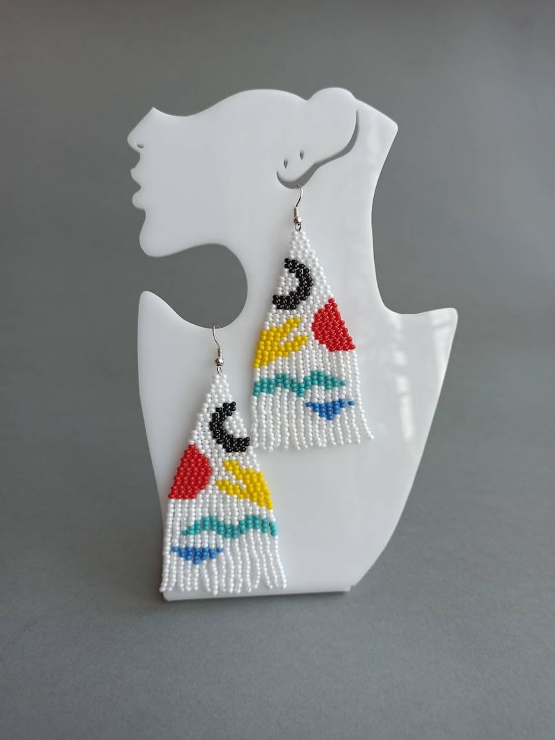 White beaded earring moon bead earrings nature art earrings long fringe earrings woven jewelry River bead earrings ethnic bead earrings