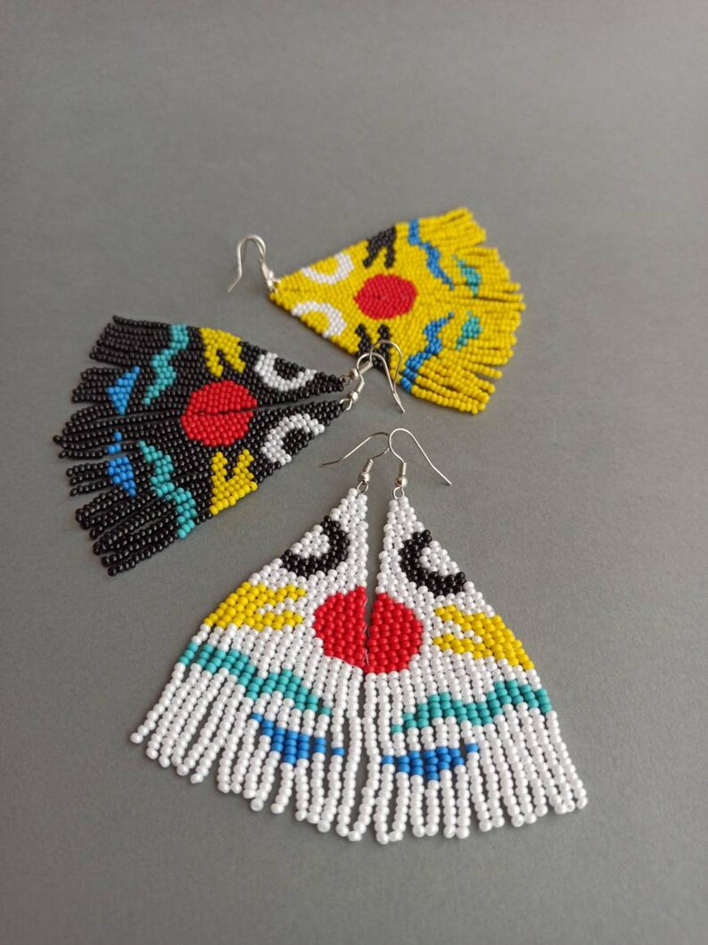 White beaded earring moon bead earrings nature art earrings long fringe earrings woven jewelry River bead earrings ethnic bead earrings