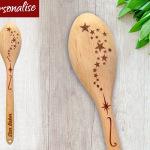 Magic Stars Personalised Wooden Spoon, Custom Laser Engraved Gift, Unique Cooking Present for Valentines Day image 1