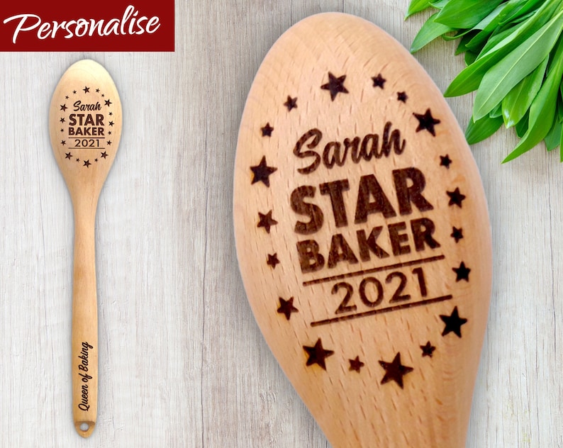 Star Baker Customised Wooden Spoon Ideal Trophy for Bake Off Prize. Personalise with a Name and Short Message. Secret Santa Office Gift image 1