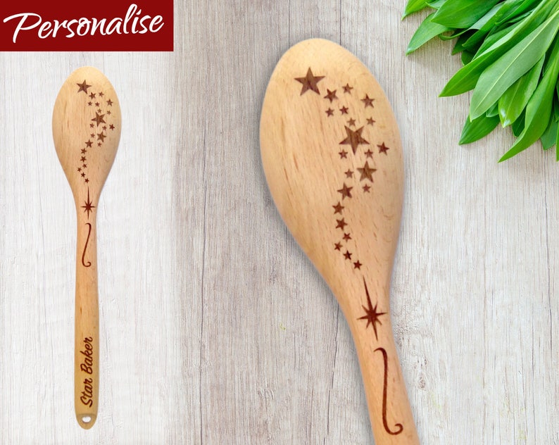 Magic Stars Personalised Wooden Spoon, Custom Laser Engraved Gift, Unique Cooking Present for Valentines Day image 1