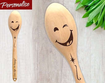 Personalised Wooden Spoon with Winking Smiley Face Customise Handle with Any Name or Message Funny Novelty Baking Award Cheeky Birthday Gift