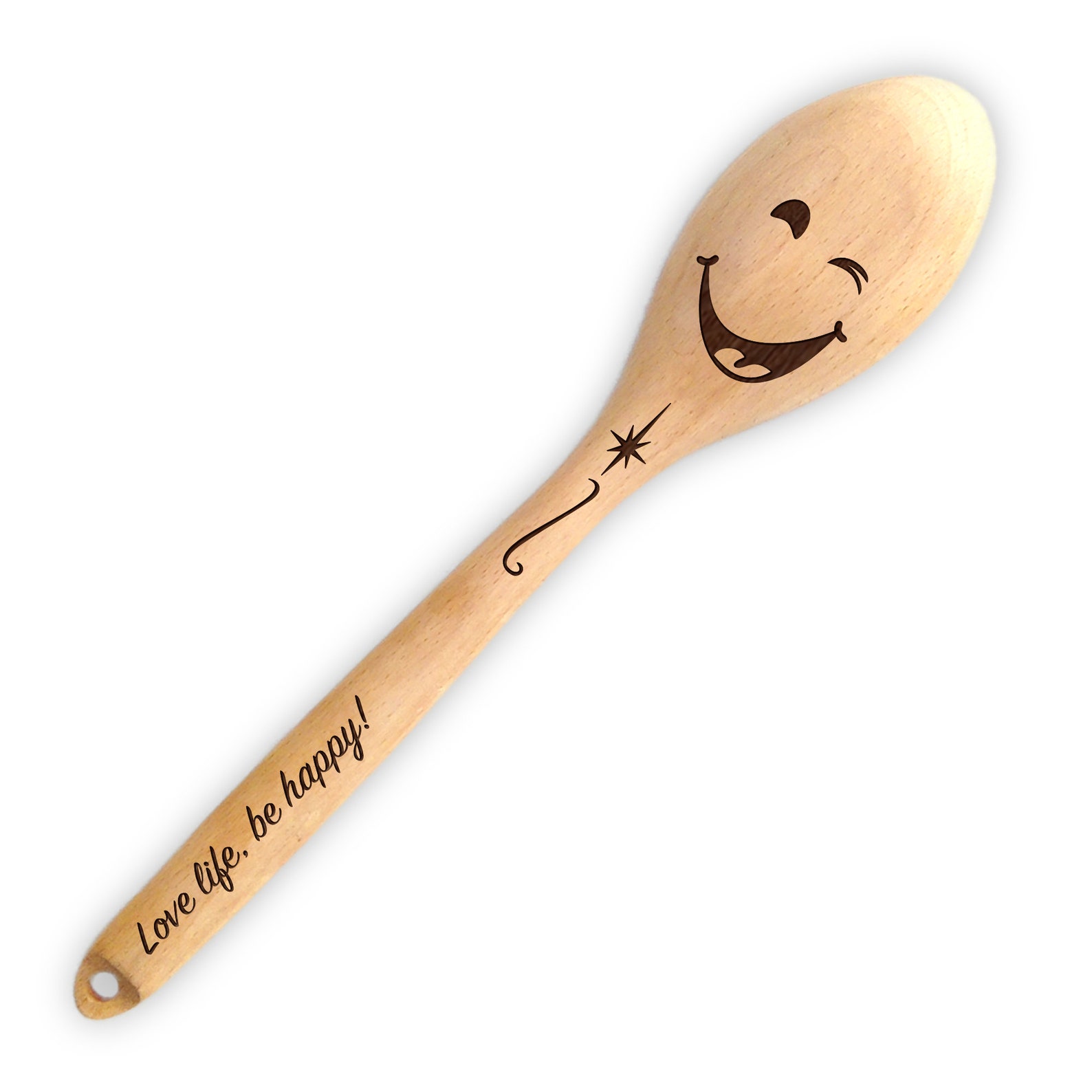 Personalised Wooden Spoon With Winking Smiley Face Customise Handle