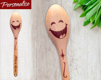 Personalised Happy Face Engraved Wooden Spoon, Personalized Gift for Student, Gift for Cheerful Person, Emoji Smiley Face, Galentines Gift