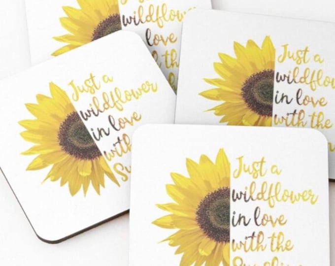 Coaster Set of 4, Boho Style, Sunflower, Wildflower in Love with the Sunshine