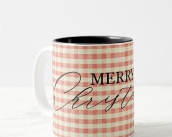 Christmas Ceramic Mug, "Merry Christmas" Two Tone 11 oz mug, Red Gingham, Christmas Gift Mug, Mug With Words, Kitchen Christmas Gift