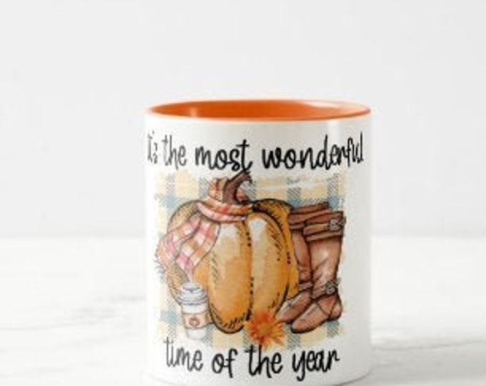 Fall Mug, Most Wonderful Time of the Year, Orange Pumpkin Scarf Boots, Fall Mug Gift for Her, Fall Hostess Gift, Fall Mug Friendship Gift