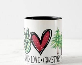 Christmas Ceramic Mug, "Peace Love Christmas Trees" Two Tone 11 oz mug, Christmas Gift Mug, Mug With Words