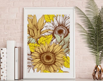 Sunflower Wall Art, Sunflower Print, Poster, Ready to Frame, Sunflower Wall Decor, Sunflower Home Decor, Sunflower Floral Print