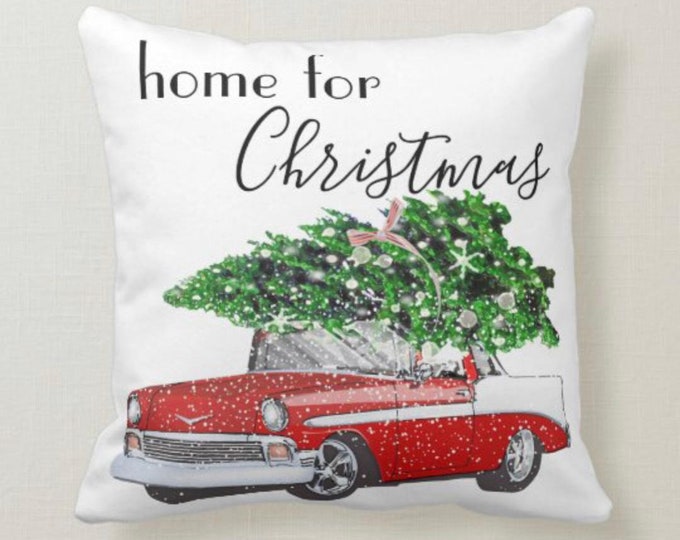 Retro Christmas Pillow, Words "Home for Christmas" Retro Red and White Car, Christmas Tree, Christmas Song "I'll Be Home For Christmas"