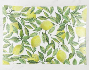 Lemon Decorative Glass Tray, Lemon and Leaves, Yellow and Green, Lemon Pattern Serving Tray, Lemon  Home Decor