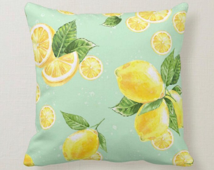 Throw Pillow, Fresh Yellow Lemon Pattern, on Light Blue, Summer Pillow