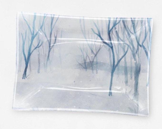 Winter Snow Scene Decorative Glass Tray Blue and White