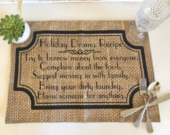 Funny Thanksgiving Placemat "Holiday Drama Recipe" Fall Cloth Placemat, Burlap Design, Fall Table Decor, Holiday Placemat