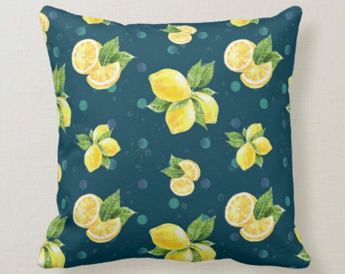 Lemon Pillow, Yellow Lemon, Blue Polka Dot, Navy, Summer, Throw Pillow