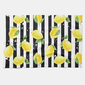 Lemon Kitchen Towel, Lemon and Stripe, Yellow Lemons with Black and White Stripe, Lemon Kitchen Decor, Durable Poly-Blend, 16 X 24 image 2