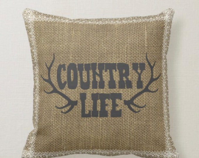 Antler Country Life Burlap & Lace Design Pillow