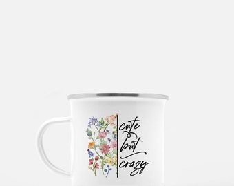 Taza de campamento "Lindo pero loco" Taza de campamento vintage floral, taza de flores silvestres, regalo de jardinero, regalo para jardinero, regalo divertido para ella, taza de amistad