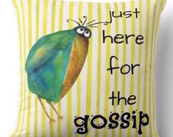 Funny Porch Pillow "Just Here For The Gossip" Yellow Stripe Pillow, Watercolor Crow, Porch Decor Idea, Cover and Insert,  Summer Porch