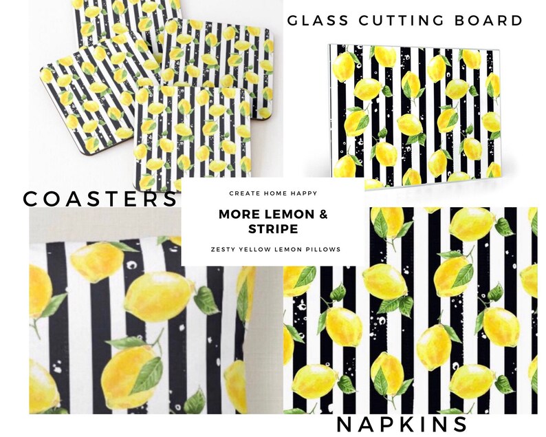 Coaster Set of 4, Zesty, Yellow Lemons, Black & White Stripe, Lemon and Stripe, Coaster Set image 6