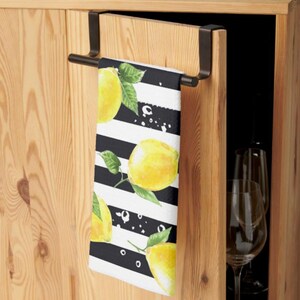 Lemon Kitchen Towel, Lemon and Stripe, Yellow Lemons with Black and White Stripe, Lemon Kitchen Decor, Durable Poly-Blend, 16 X 24 image 4