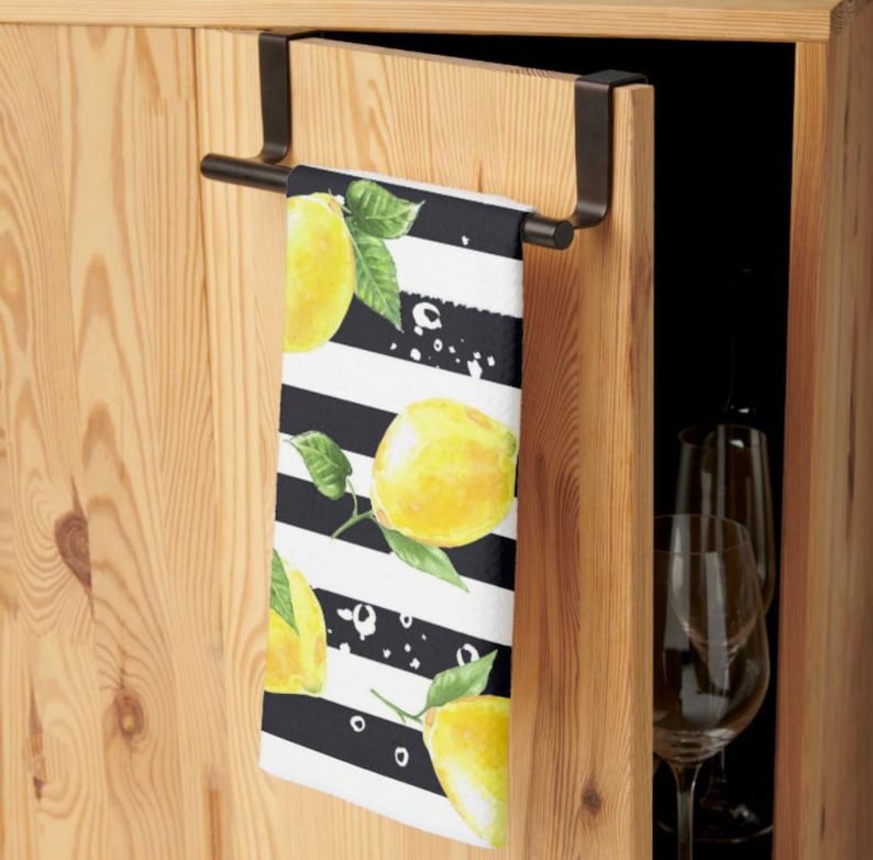 Lemon Kitchen Towel, Lemon and Stripe, Yellow Lemons with Black and White Stripe, Lemon Kitchen Decor, Durable Poly-Blend, 16 X 24 image 4