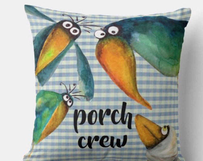 Funny Porch Pillow "Porch Crew" Blue Gingham, Watercolor Crows, Porch Decor Idea, Cover and Insert,  Summer Porch, Crow Pillow, Blue Check