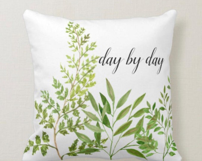 White Throw Pillow Green Botanical "day by day" "Patience"