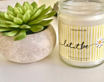 Let It Be Candle, 7.5 oz Natural Soy Wax Blend Candle, Vanilla, Cinnamon, Whipped Cocoa Candle, Gifts for Her, Yellow Stripe Daisy