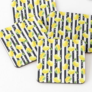 Coaster Set of 4, Zesty, Yellow Lemons, Black & White Stripe, Lemon and Stripe, Coaster Set image 8