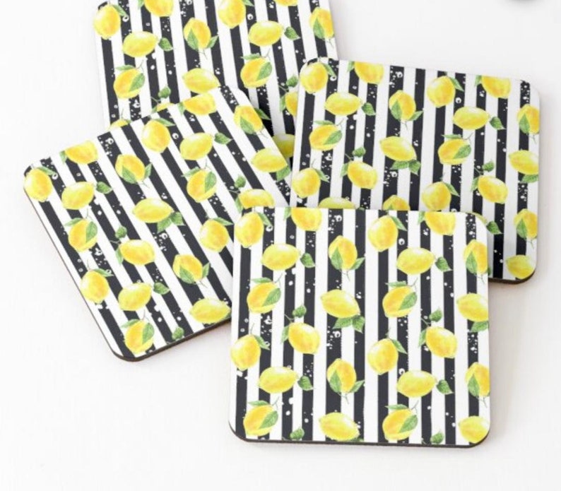 Coaster Set of 4, Zesty, Yellow Lemons, Black & White Stripe, Lemon and Stripe, Coaster Set image 8