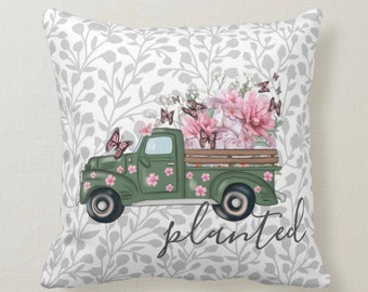 Pillow, Retro Truck and Floral, Gray, Green, Pink "Planted" Two Pillows in One, Cover and Insert, Spring Throw Pillow, Covered Porch Pillow