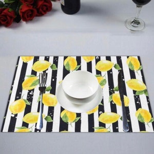 Lemon Placemat Set of 4, Black and White Stripe, Lemon and Stripe, Polyester Twill Placemats image 3