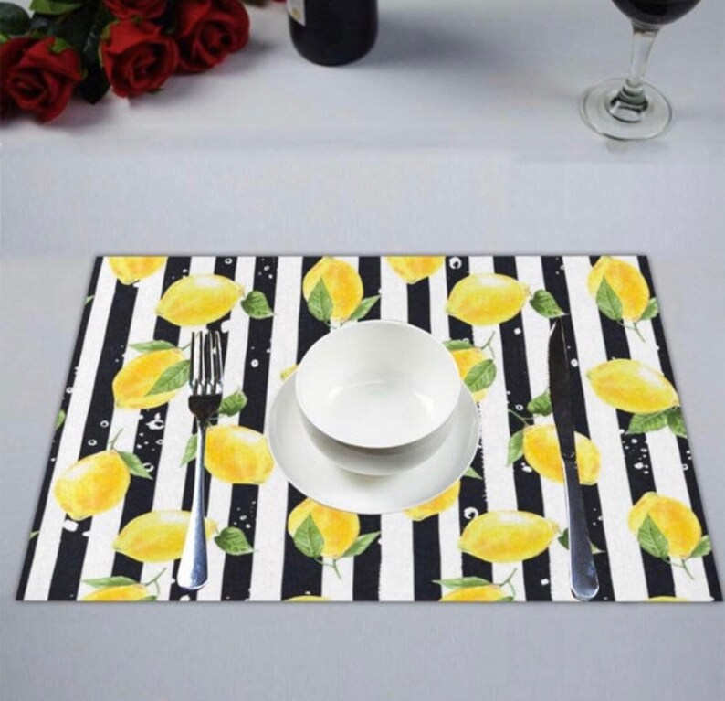 Lemon Placemat Set of 4, Black and White Stripe, Lemon and Stripe, Polyester Twill Placemats image 3