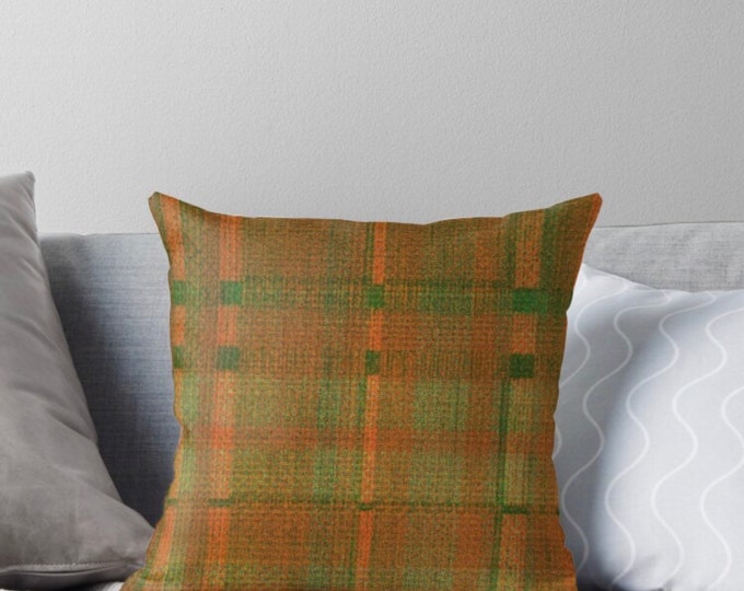 Tartan Plaid Pillow, Orange, Green, Tartan Plaid Accent Pillow, Living Room Refresh, Earth Colors Home Accent, Fall Pillow, Insert and Cover