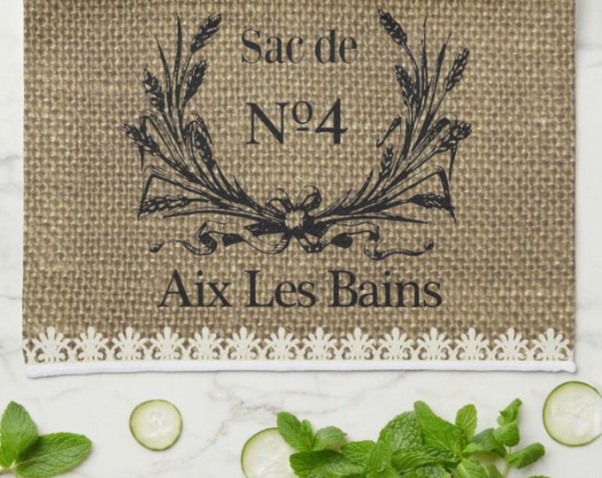 Grain Sac Kitchen Towel "Grains Sac de No4 Aix Les Bains"  Vintage Grain Sack Design, Grain Wreath,  Mother's Day Gift,  Gift For Her