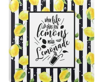 Lemon Glass Coaster, Lemon and Stripe "When Life Gives You Lemons Make Lemonade" Lemon Home Decor Coaster, Paperweight