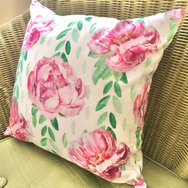 Watercolor, Vintage Design,  Pink Peonies, Cottage Throw Pillow, Floral Pillow, Pink, Green, White
