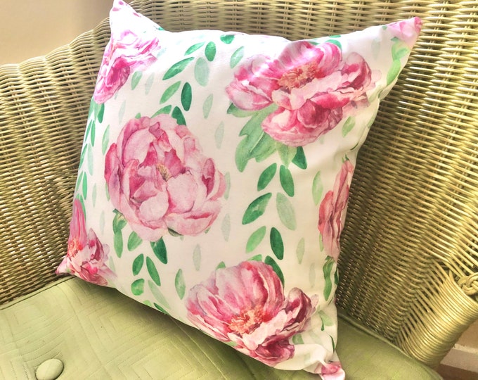 Watercolor, Vintage Design,  Pink Peonies, Cottage Throw Pillow, Floral Pillow, Pink, Green, White