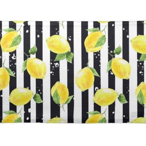 Lemon Placemat Set of 4, Black and White Stripe, Lemon and Stripe, Polyester Twill Placemats image 1